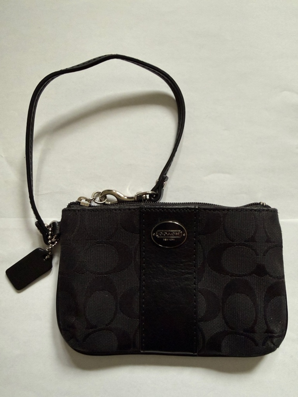 Coach Black Signature Wristlet Pouch with Leather Strap